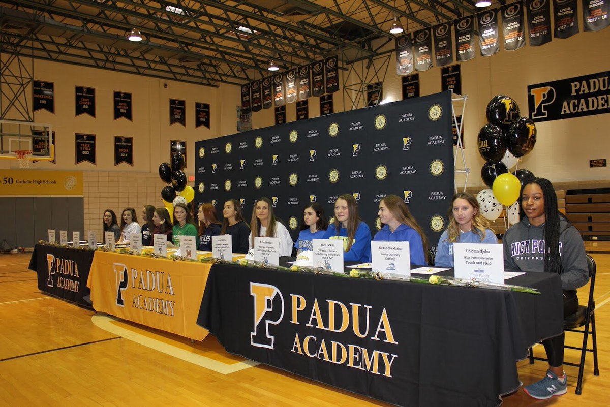 Thirteen of Padua's senior athletes at the signing day ceremony