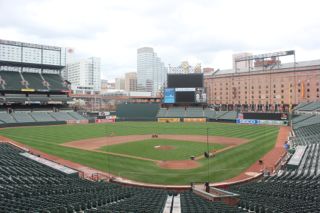 The view from the open-air press box captures Camden Yards, the Warehouse, as well as views of the city of Baltimore.