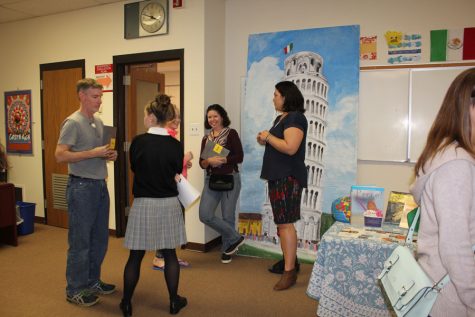 Mrs. Burris talks to parents about the World Languages at Padua Academy