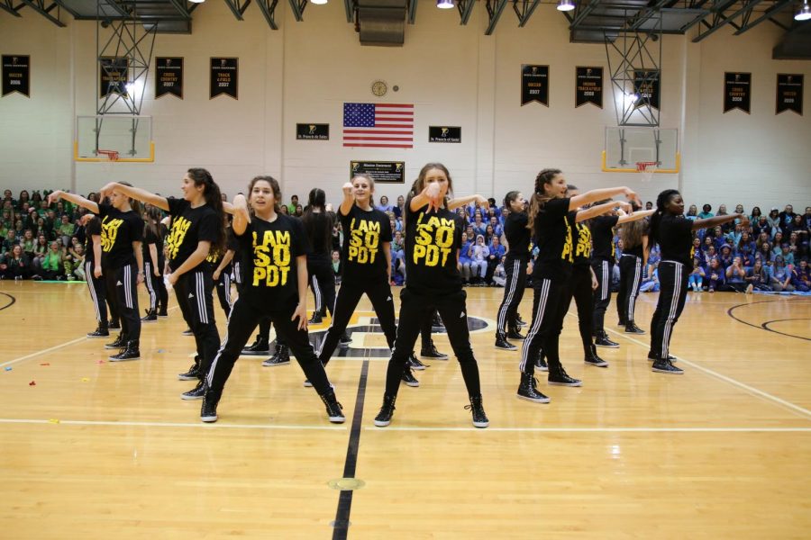 The Padua Dance Team mid-performance at the pep rally.