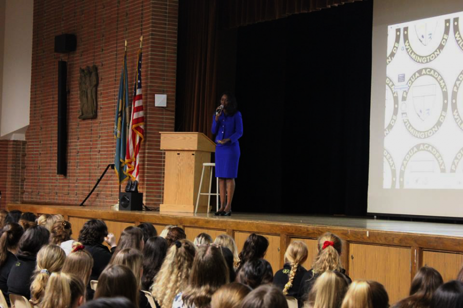 Immaculée Ilibagiza addresses students, discussing her story of survival, finding God, and forgiveness. She spoke to students and teachers on April 10, 2019.