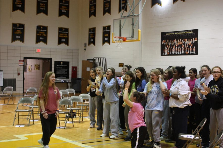 The freshmen participating in one of the BRAVE activities in which they had to cheer their fellow freshman on.