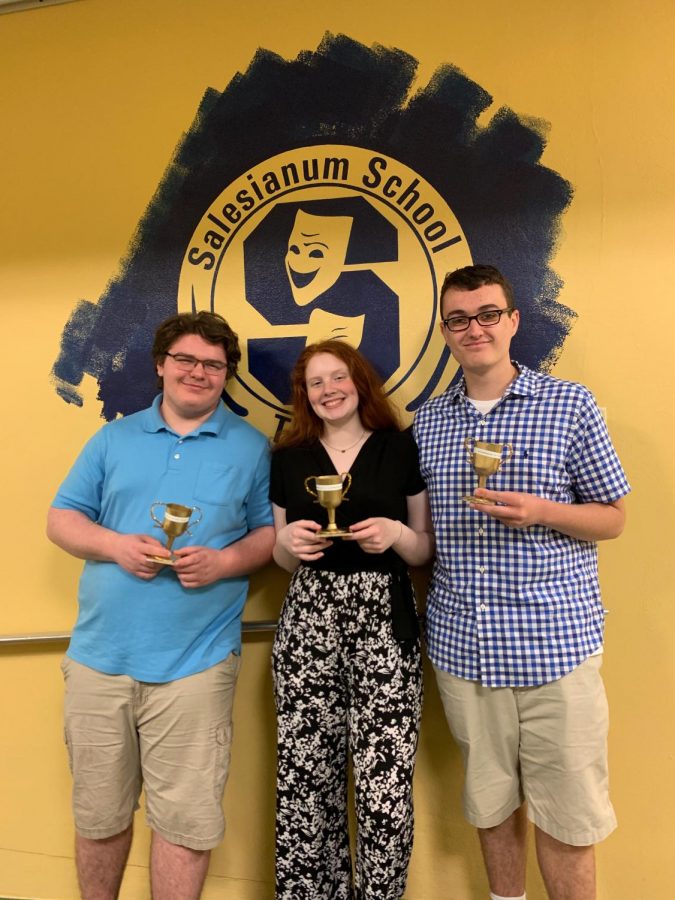 Gabe Losten ‘19, left, with Vieve Oberholzer Padua ‘18, and Mike Carr Salesianum ‘18. Losten and his very close theater friends share a last photo after the 2019 Sallies Theater Award Ceremony to remember the eventful afternoon. 