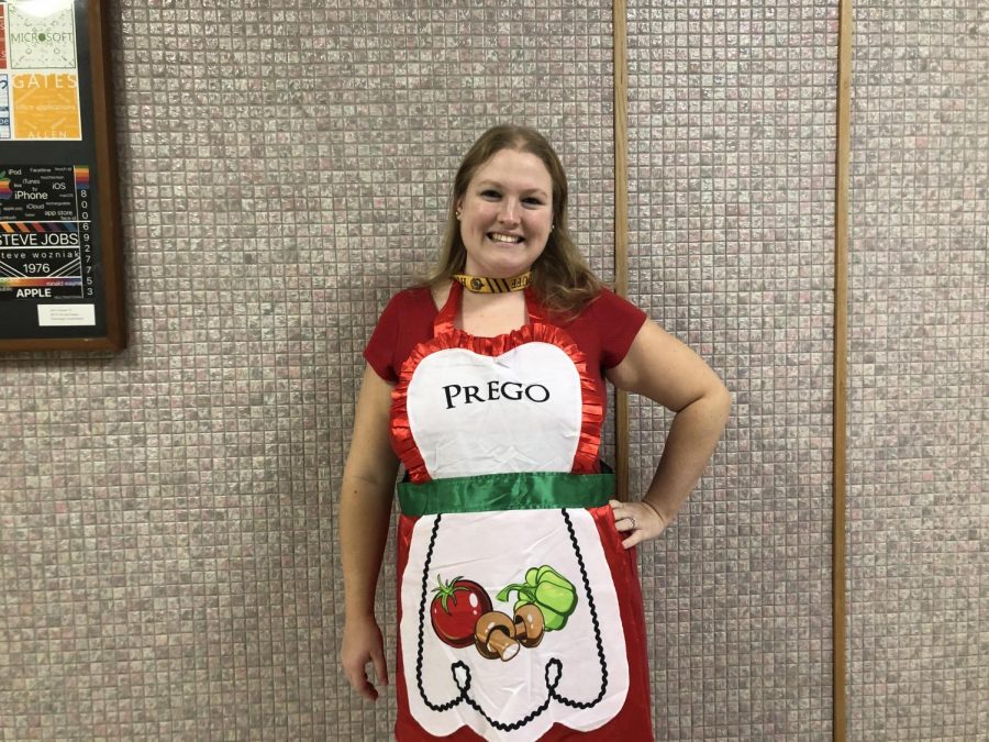 Mrs. Hudson dressed up as Prego Tomato Sauce for Halloween. She could also be seen at the parade in this costume, as the winners were announced.