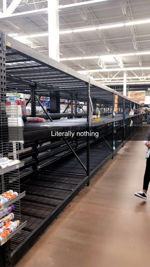The water shelves at my local Walmart were empty when I stopped there. Panic-buying has often occurred as a result of the Coronavirus, as widespread fear drives people to bulk shop.