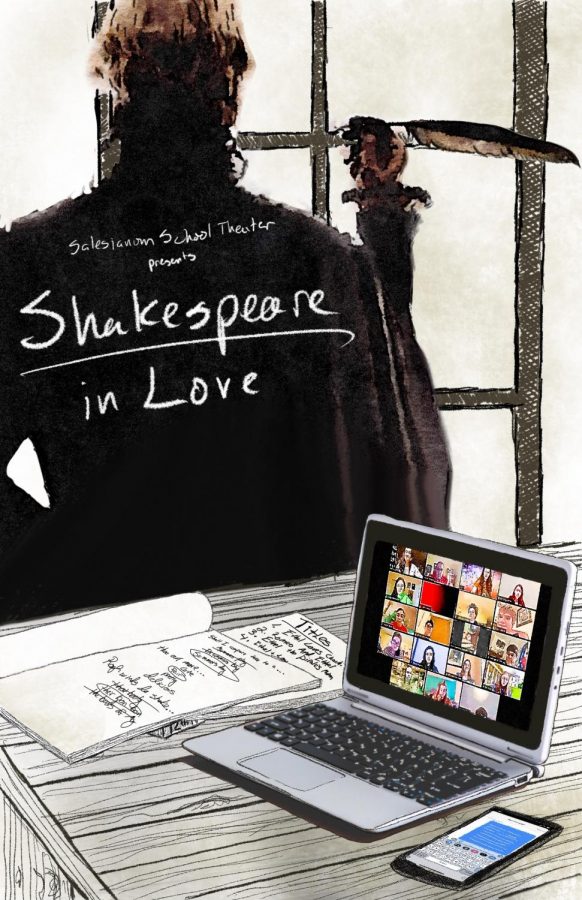 Promotional Poster for Shakespeare In Love. This poster was created by our director, who included William Shakespeare writing in the background, a screenshot of our rehearsals on the computer, and rough drafts of Shakespeare’s writing.