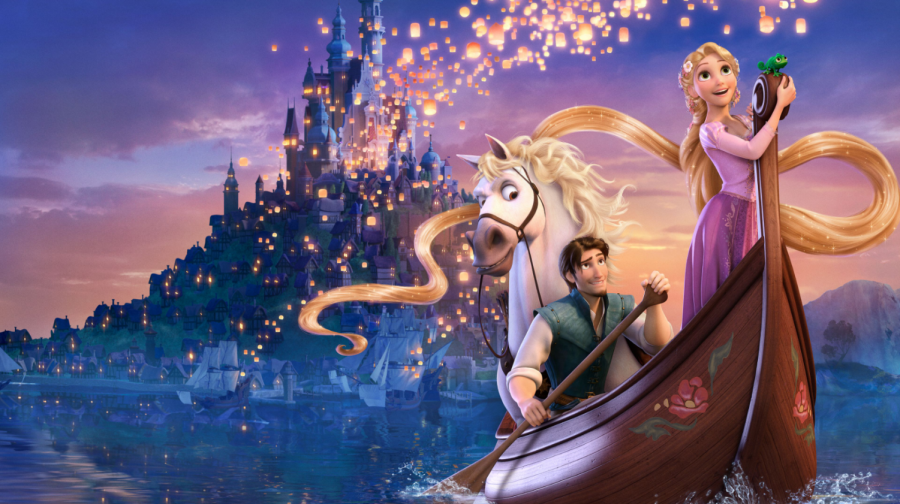 The official Tangled movie poster pictures Rapunzel, Flynn Rider, and Maximus the horse.