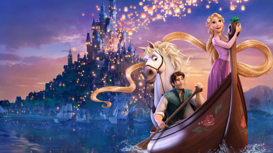 The official "Tangled" movie poster pictures Rapunzel, Flynn Rider, and Maximus the horse.