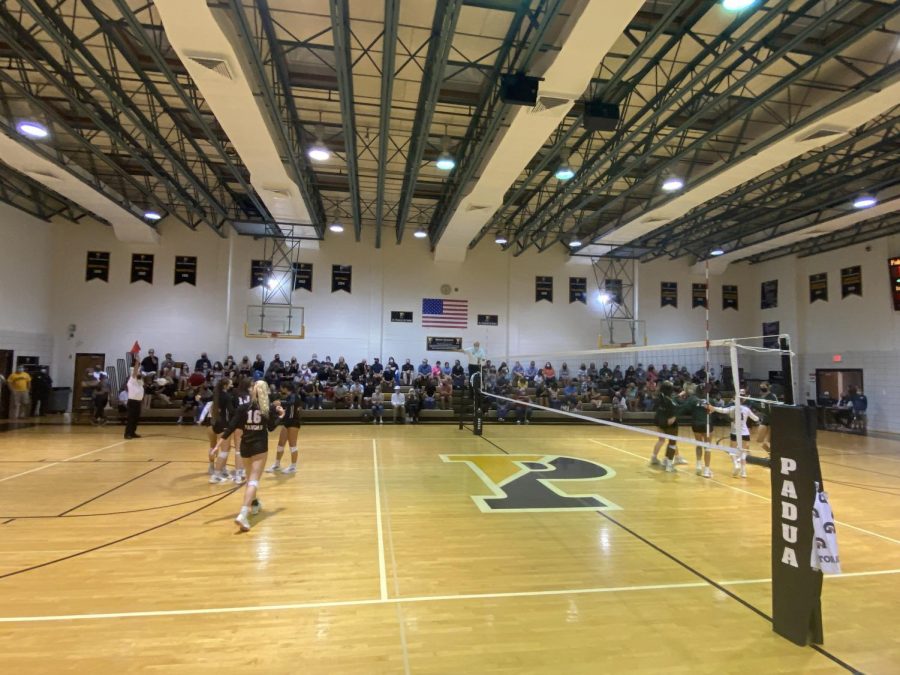 Spectators filled the stands for the first home volleyball game of the season against St. Marks. This was the first time the gym was open to full capacity during the pandemic.