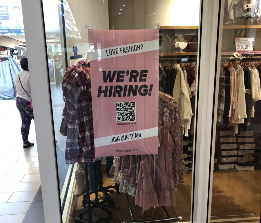 This flyer is posted outside Francesca’s at Christiana Mall along with many others advertising that the store is in need of employees. Padua student workers were greatly affected by the shortage of employees.