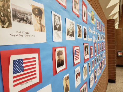 Photos of veterans submitted by students and faculty adorn the cafetoriums bulletin board. Two students started a new project to commemorate Veterans Day within the school community.
