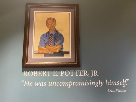 A large self portrait of Mr. Robert Potter hangs in the Learning Commons. Potter dedicated 25 years to Padua as a history teacher.