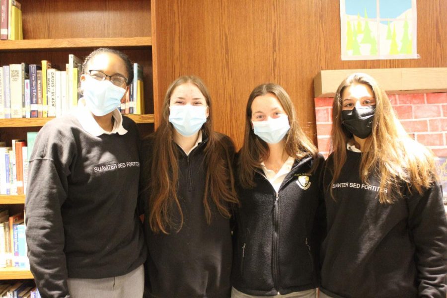 Seniors Esosa Ediae, Madelyn Galbus, Claire Taggart and Victoria Corbo participate in the virtual project presentation. The team won bronze in the second HOSA Fusion state conference.