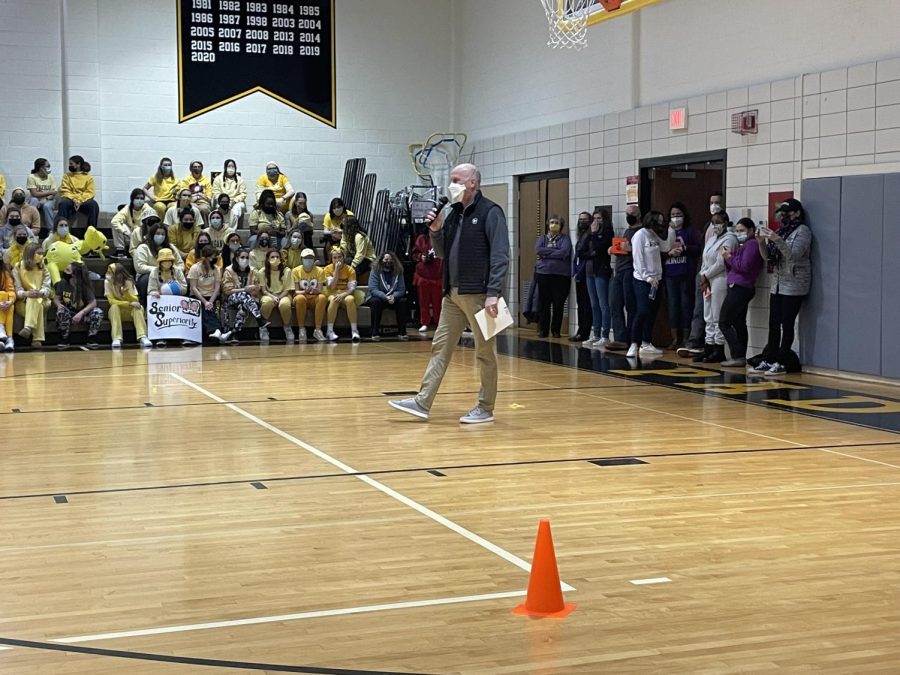Joe McDonough, the founder of the B+ Foundation takes a moment to talk about what the B+ Foundation is and why they are partnering with Padua, Sallies, and Ursuline for Salsthon. His speech concluded the spirit assembly and Catholic Schools Week.